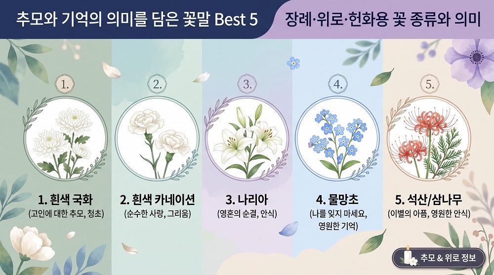 추모와 기억의 의미를 담은 꽃말 Best 5 장례·위로·헌화용 꽃 종류와 의미